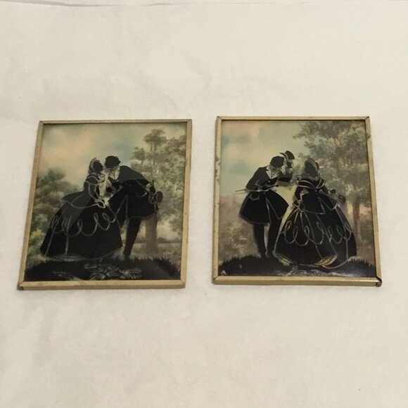 Set of vintage Convex Glass Reverse painted Silhouette Pictures Victorian scenes - Picture 3 of 16